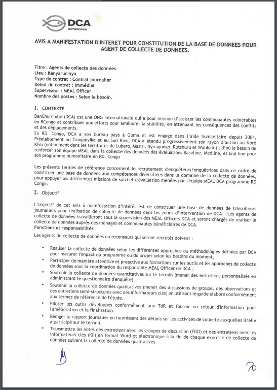 OFFRE D'EMPLOI : DanChruchAid recrute des Agents de collecte des données