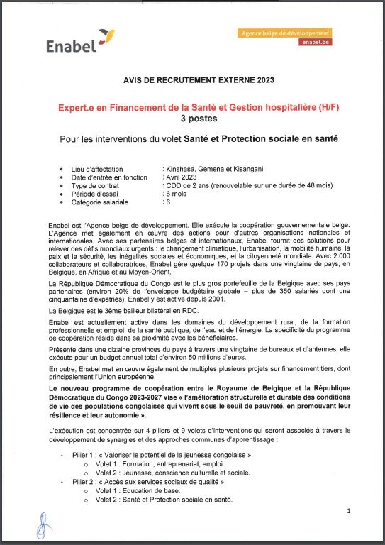 OFFRE D'EMPLOI : Enabel recrute des expert(es) en Financement de la Santé et Gestion hospitalière (H/F)