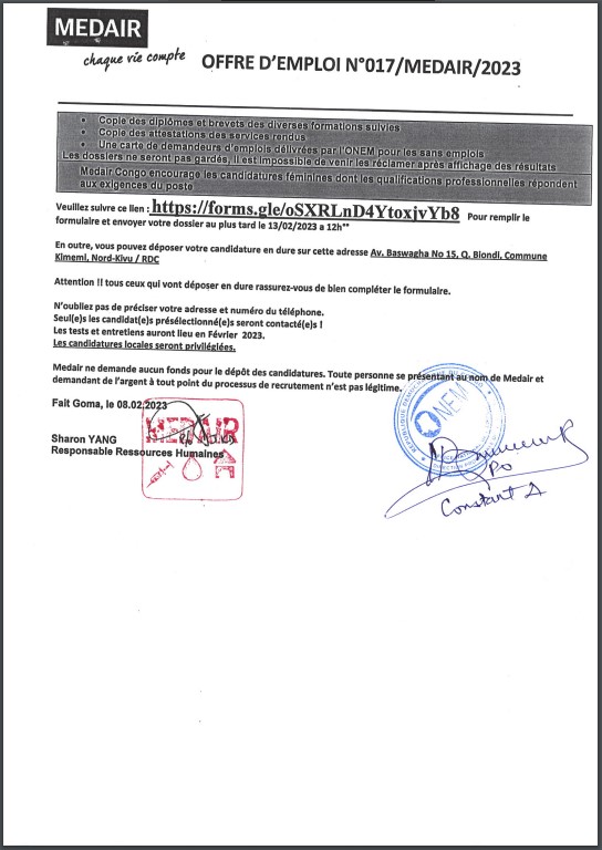 OFFRE D'EMPLOI : MEDAIR recrute un Assistant Magasinier