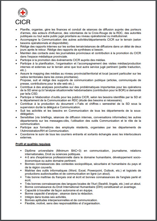 Offre d’emploi : Le CICR recrute un(e) chargé(e) de communication 2 pour Bunia