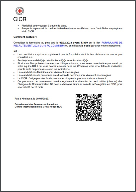 Offre d’emploi : Le CICR recrute un(e) chargé(e) de communication 2 pour Bunia