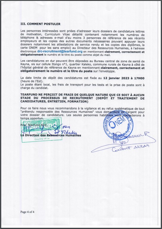 OFFRE D'EMPLOI : TEARFUND recrute 2 PHP Assistant (Assistant chargé de la Promotion de la santé Publique)
