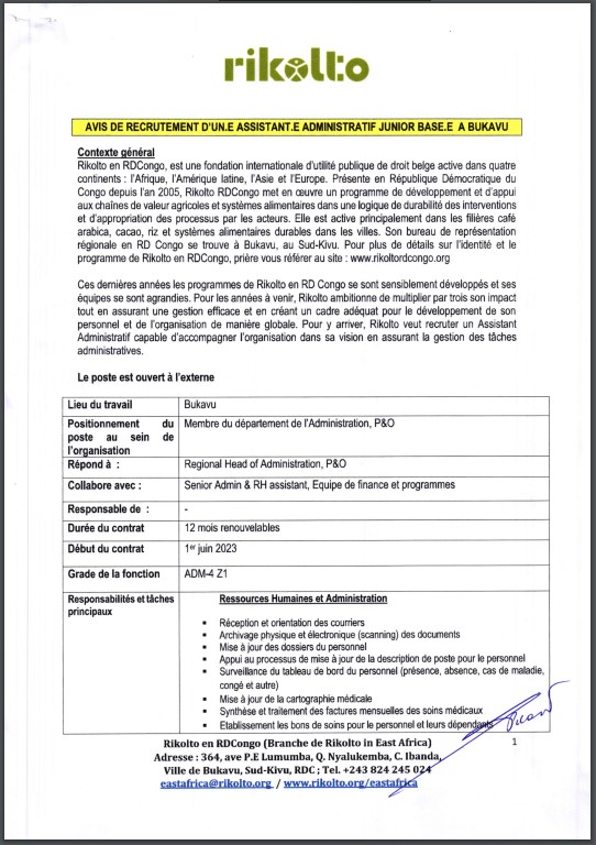 OFFRE DEMPLOI : Rikolto recrute un(e) Assistant(e) Administratif Junior Basé(e) à BUKAVU