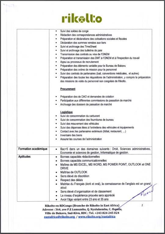 OFFRE DEMPLOI : Rikolto recrute un(e) Assistant(e) Administratif Junior Basé(e) à BUKAVU