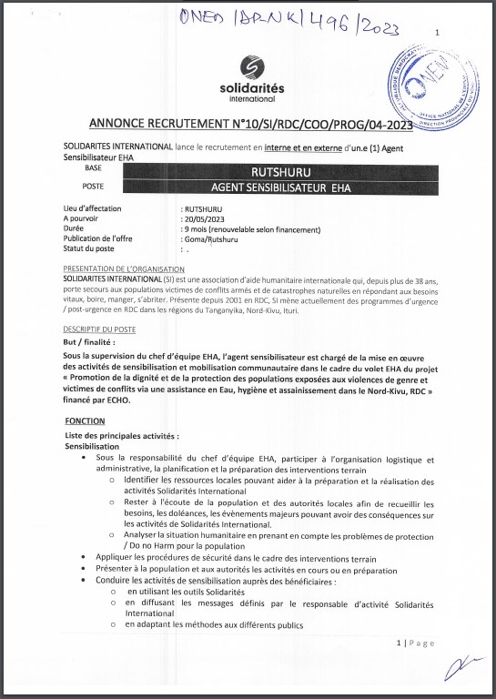 OFFRE D'EMPLOI : SOLIDARITES INTERNATIONAL recrute un Agent Sensibilisateur EHA