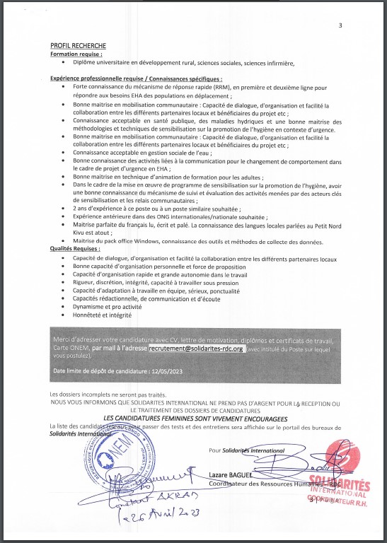 OFFRE D'EMPLOI : SOLIDARITES INTERNATIONAL recrute un Agent Sensibilisateur EHA