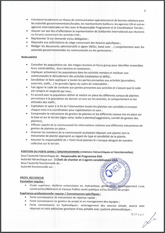 OFFRE D'EMPLOI : SOLIDARITE INTERNATIONAL recrute un Responsable Activités EHA