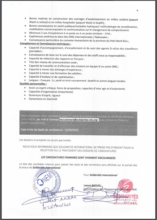 OFFRE D'EMPLOI : SOLIDARITE INTERNATIONAL recrute un Responsable Activités EHA