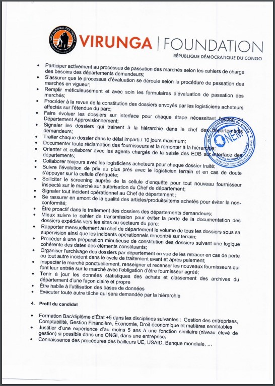 OFFRE D'EMPLOI : VIRUNGA FONDATION un Administrateur approvisionnement