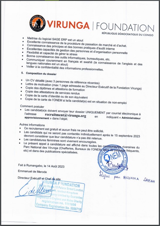 OFFRE D'EMPLOI : VIRUNGA FONDATION un Administrateur approvisionnement
