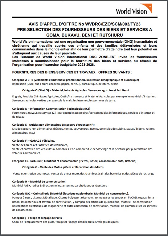 AVIS D’APPEL D’OFFRE : World Vision recrute DES FOURNISSEURS DES BIENS ET SERVICES A GOMA, BUKAVU, BENI ET RUTSHURU