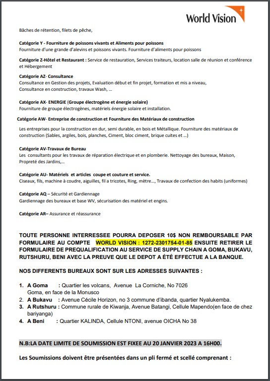 AVIS D’APPEL D’OFFRE : World Vision recrute DES FOURNISSEURS DES BIENS ET SERVICES A GOMA, BUKAVU, BENI ET RUTSHURU